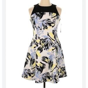 New CHAPS Fit & Flare Dress Black Yellow Blue White A-Line Sleeveless size 10